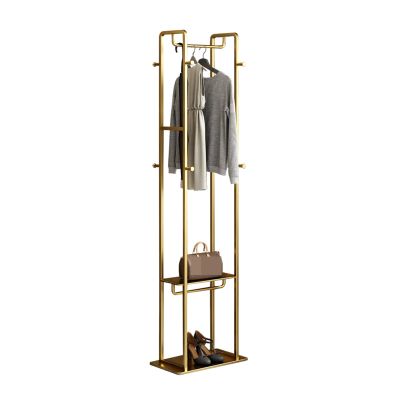 Mlaea Gold Clothing Rack, Corner Coat Rack with 1 Clothes Pole, 2 Shelves and 8 Round Hooks, Industrial Clothes Stand for Entryway, Office, Hotel, Bedroom(Size:47 * 27 * 175CM,Color:Gold)