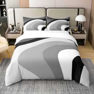 Modern Grey Black Striped 100% Cotton Duvet Cover King, Geometric Comforter Cover for Kids Boys Girls Bedroom, Retro Circle Swirls Bedding Set, Abstract Texture Color Quilt Cover with 2 Pillow Cases