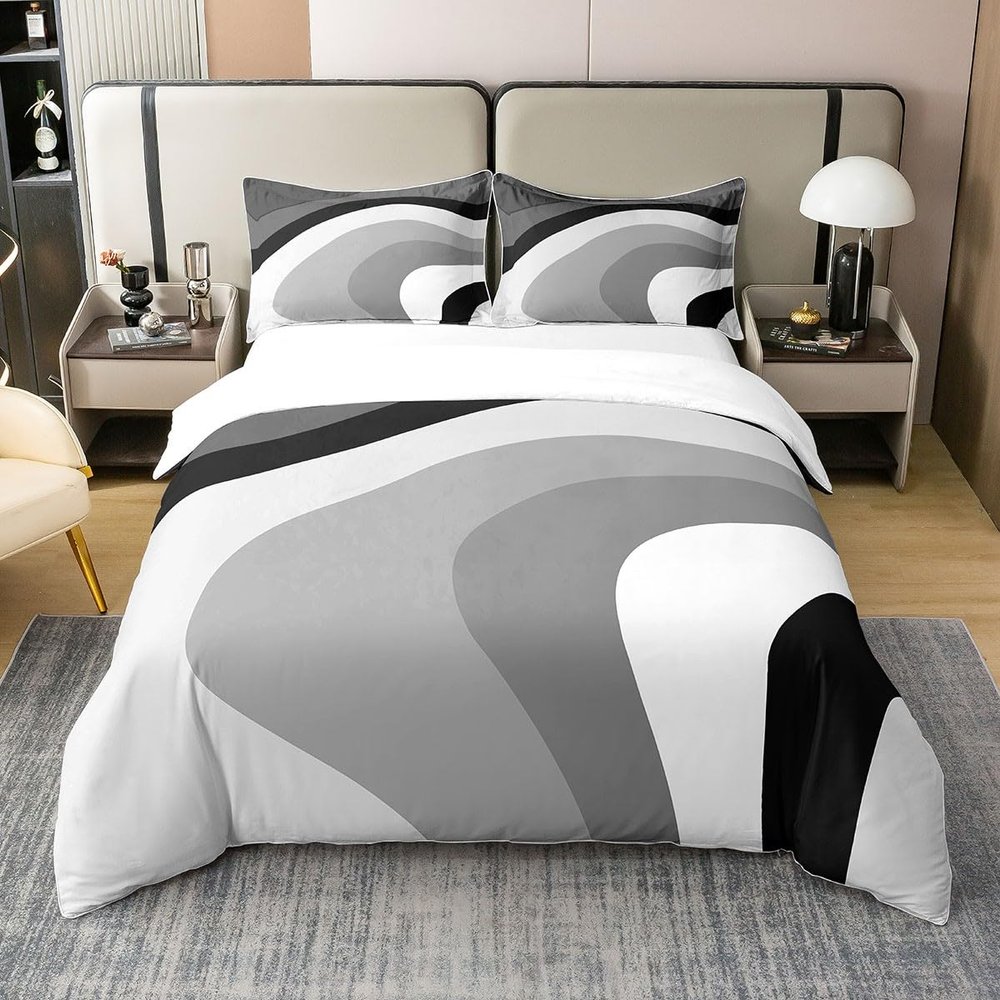 Modern Grey Black Striped 100% Cotton Duvet Cover King, Geometric Comforter Cover for Kids Boys Girls Bedroom, Retro Circle Swirls Bedding Set, Abstract Texture Color Quilt Cover with 2 Pillow Cases