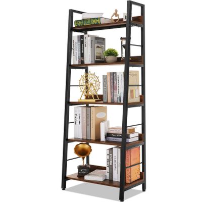 Himimi Industrial Bookshelf 5-Tier, Home Office Bookcase Ladder Shelf, Freestanding Storage Shelves Rack Shelf Unit, Brown Ladder Bookcases with Metal Frame for Bedroom, Living Room, Kitchen