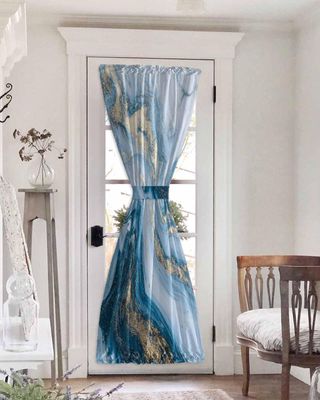 Abstract Marble Blackout Door Curtains for French, Glass,Front, Back, Patio Door, Thermal Insulated Rod Pocket Window Curtain Drapes With Tiebacks, Gradual Blue Modern Minimalist Agate 54"x72"