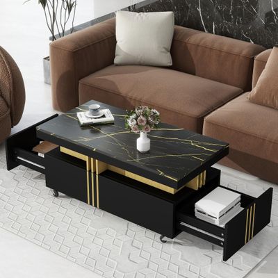 JIJIWANG Modern Coffee Table with Faux Marble Top, Rectangle Cocktail Table with Caster Wheels, Dining Table with Drawers,Center Table for Living Room,Black