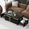JIJIWANG Modern Coffee Table with Faux Marble Top, Rectangle Cocktail Table with Caster Wheels, Dining Table with Drawers,Center Table for Living Room,Black view 1