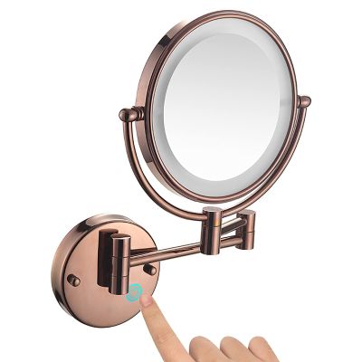 8 inch Double Mirror 10X Expansion Mirror Wall-Mounted Makeup Mirror Folding Mirror LED Light 360 Degree Rotating Bathroom Mirror (Color : Rose Gold)