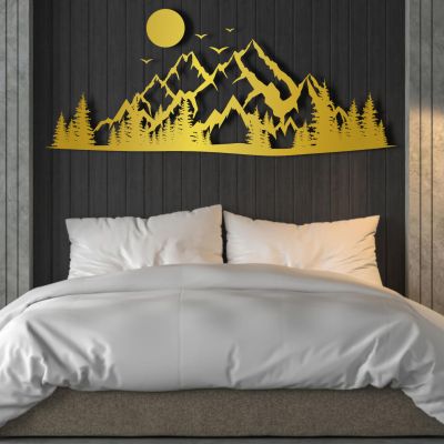Metal Mountain Wall Art, Mountain Metal Wall Art Decor, Mountain Range View, Nature and Forest Decorations, Home Decor, Metal Wall Decor, Housewarming Gift Unique (29.5" x 12.2" / 75 x 31 cm, gold)