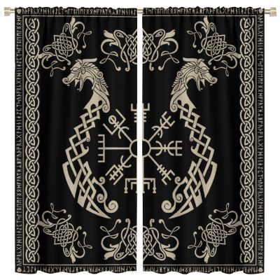 INSFBRB Vikings Symbol Twins Dragons Curtains for Home Decor Ancient Symbols Twins Dragons Nordic Vikings Print Window Drapes for Bedroom Rod Pocket84x84in