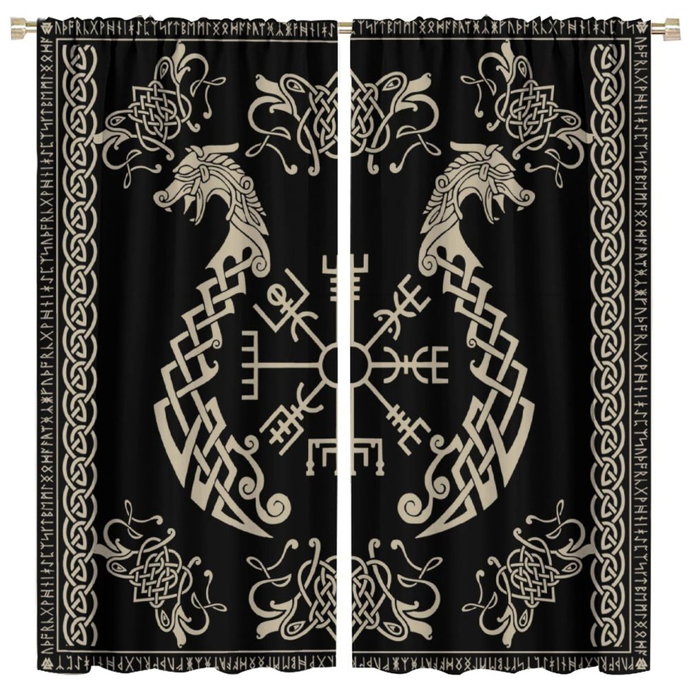 INSFBRB Vikings Symbol Twins Dragons Curtains for Home Decor Ancient Symbols Twins Dragons Nordic Vikings Print Window Drapes for Bedroom Rod Pocket84x84in