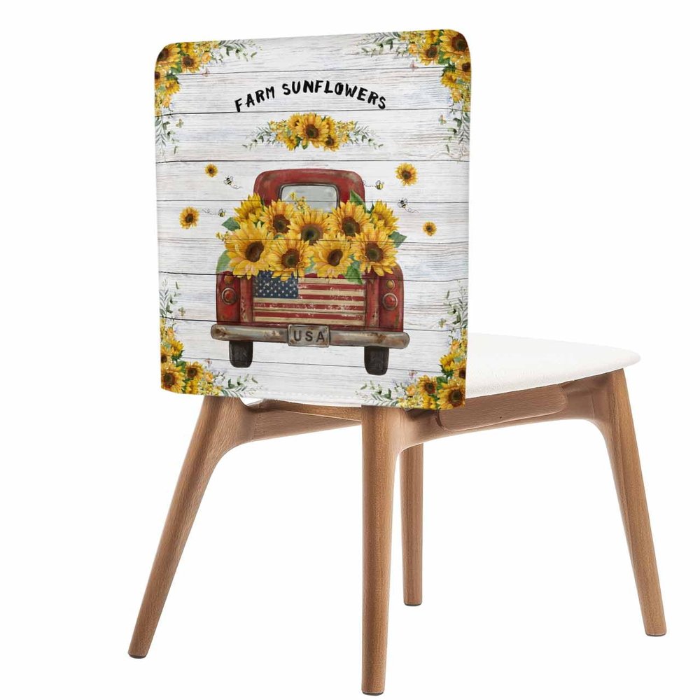 Farmhouse Dining Chair Cover 4 Pack Removable Chair Back Covers Country Spring Sunflowers on Red Car Washable Kitchen Chairs Back Slipcover for Home/Office/Hotel/Restaurant USA Truck Wood Board