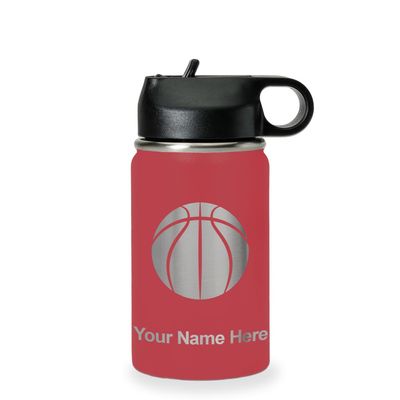 LaserGram Personalized Water Bottle, Basketball Ball, Stainless Steel Double Wall Vacuum Insulated with Flip Top Straw, Custom Engraved Gift (12oz / 335ml Maroon)