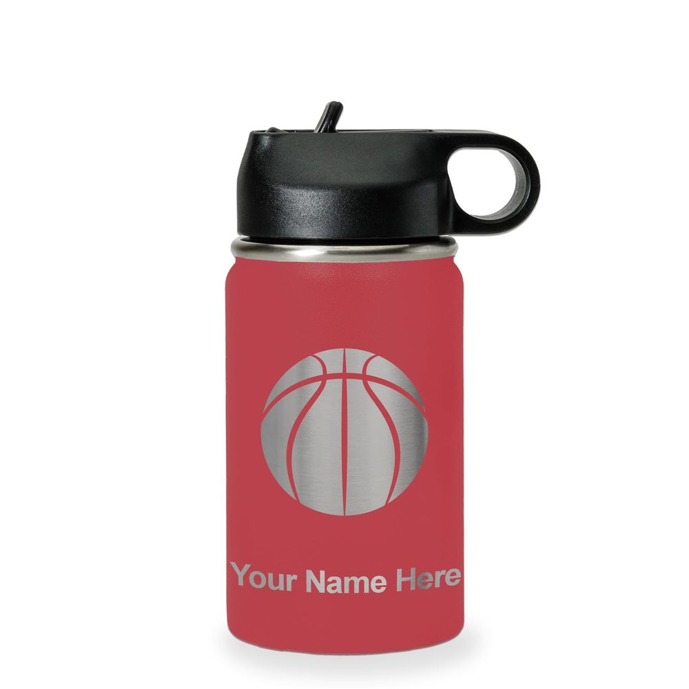 LaserGram Personalized Water Bottle, Basketball Ball, Stainless Steel Double Wall Vacuum Insulated with Flip Top Straw, Custom Engraved Gift (12oz / 335ml Maroon)