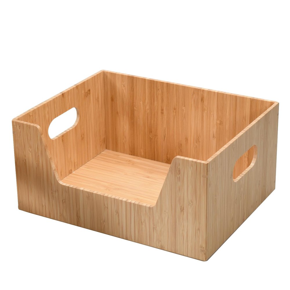 MobileVision Bamboo Storage Box with Open Front Stackable Bin Organizer to use in closets, bedrooms, kitchens, home & office, 14 x 11 x 6.5 inches