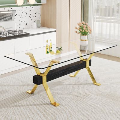 Modern Rectangular Glass Dining Table for 6-8 with Tempered Glass Tabletop and Gold Plated Metal Legs for Kitchen Dining Room (Gold3)