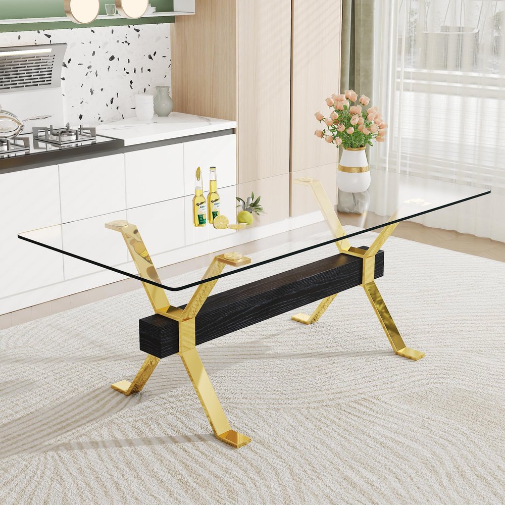 Modern Rectangular Glass Dining Table for 6-8 with Tempered Glass Tabletop and Gold Plated Metal Legs for Kitchen Dining Room (Gold3)