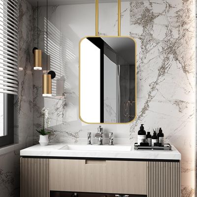 Junvstor Ceiling Hanging Mirror with Metal Frame, Decorative Makeup Mirror with Double Booms - Gold Rectangle - Suspended Bathroom Mirrors with Floating Rods, Customizable Nordic (Size : 40cmx60cm)