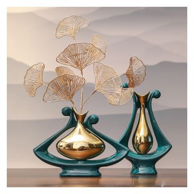 AOPPLSOT Green and Gold Ceramic Vase, Modern Aesthetic Room Decor, Flower Vase for Table Decoration Wedding, Living Room,Office,Bedroom Decoration,Green Set