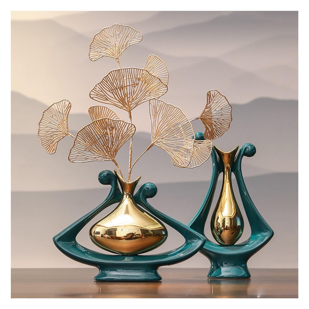 AOPPLSOT Green and Gold Ceramic Vase, Modern Aesthetic Room Decor, Flower Vase for Table Decoration Wedding, Living Room,Office,Bedroom Decoration,Green Set