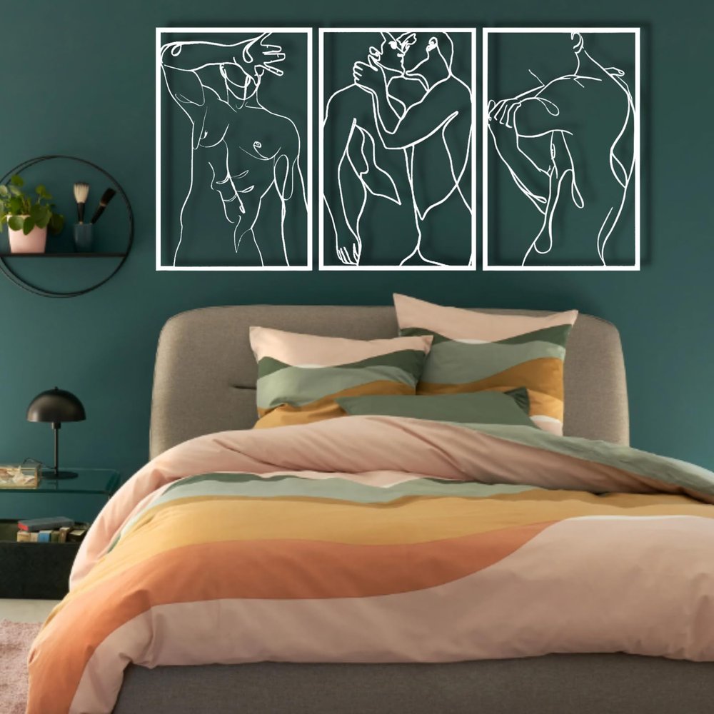 ICEWQOQU Modern Masculine Men Love 3 Piece Metal Line Art Wall Decor, Gay Couple Metal Wall Art, Maximalist Decor, Couples Wall Decor Bedroom, Living Room (47" x 23.6" / 120 x 60 cm, white)
