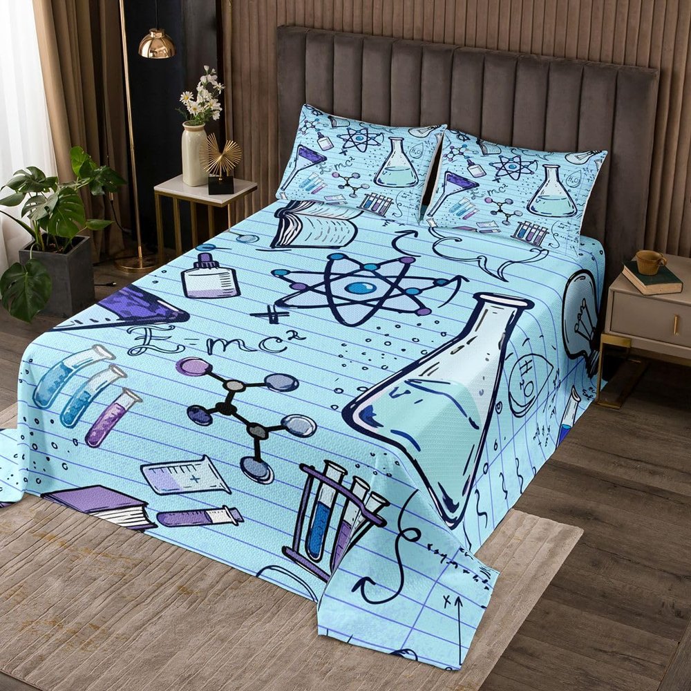 Erosebridal Chemical Equation Quilt Set King Size Science Formula Bedspread for Boys Girls Math Science Coverlet Set Chemical Elements Science Theme Bed Set Chemistry Lab Bedding