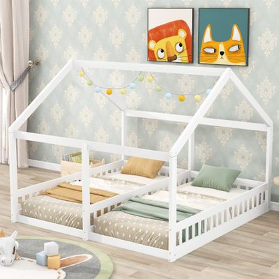 Twin Kids House Shaped Low Platform Beds, Wood Floor Bed Frame for Boys, Girls. 2 in 1. The First Choice for Your Child's Bedroom! (White#U)