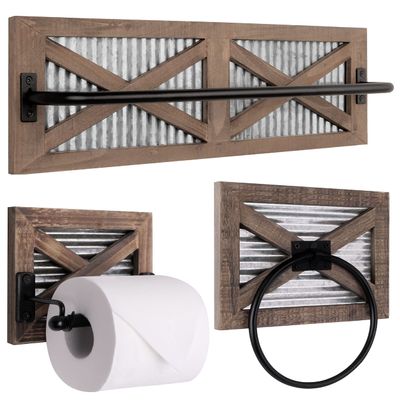 Autumn Alley Farmhouse Toilet Paper Holder, Towel Ring for Bathroom, Farmhouse Towel Rack Holder Set, 3PCS, Wall Mount for Farmhouse Bathroom Decor and Accessories, Rustic Wooden, Brown