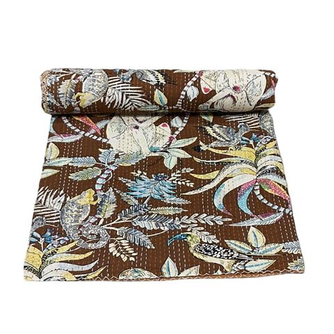 Handmade Pure Cotton Brown Color Kantha Quilt, Traditional Look Bed Spread, Bed Cover, Kantha Gudri (Queen Size 90" x 108")