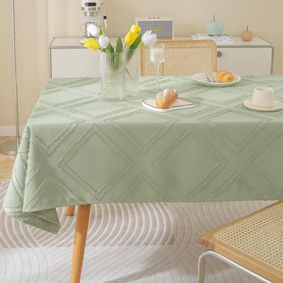 vctops Cotton Linen Tablecloth Boho Geometric Jacquard Textured Table Cover Solid Color Dust-Proof Rectangle Decorative Tablecloths for Kitchen Dinning (Green B,53"x94")