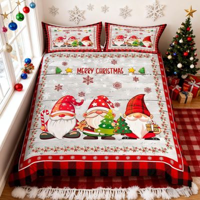 Merry Christmas Kids Duvet Cover Set Twin Size,Cute Gnomes Snowflake Romantic Bedding Set,Girls Boys Adults Room/Cabin Decor,Geometric Grids Retro Comforter Cover,Rustic Quilt Cover,1 Pillowcase