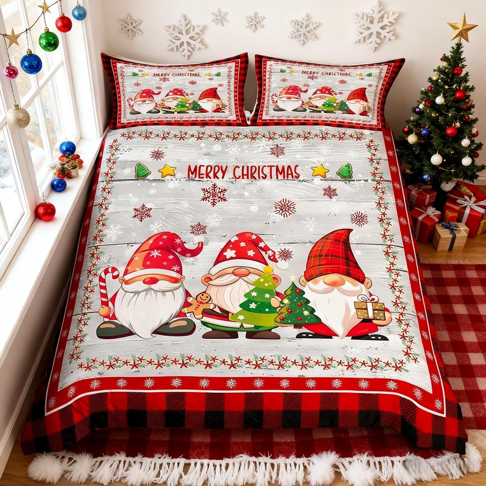 Merry Christmas Kids Duvet Cover Set Twin Size,Cute Gnomes Snowflake Romantic Bedding Set,Girls Boys Adults Room/Cabin Decor,Geometric Grids Retro Comforter Cover,Rustic Quilt Cover,1 Pillowcase