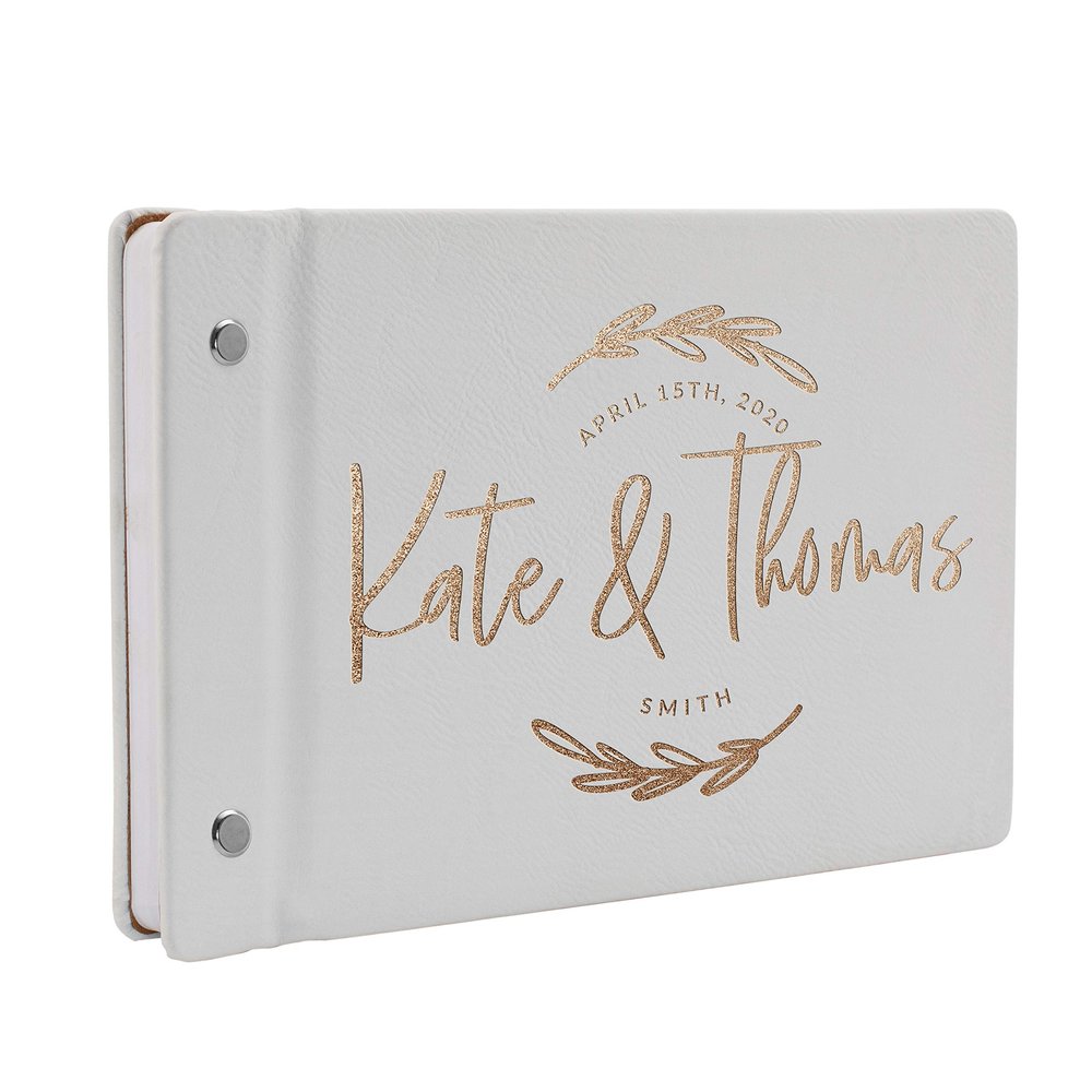 Wedding Guest Book, Personalized Leather Guest Book for Bride & Groom | White | Customized Signing, Registry Book for Visitors, Bridal Shower, Party - 60 Pages - D8