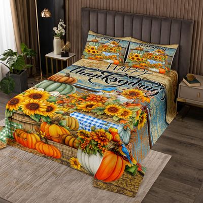 Happy Thanksgiving Kids Bedspread King Size,Fall Sunflowers Pumpkin Coverlet Set,Girls Boys Adults Room/Cabin Decor,Vintage Wooden Plank Autumn Quilted Coverlet,Rustic Bedding Quilt,2 Pillowcases