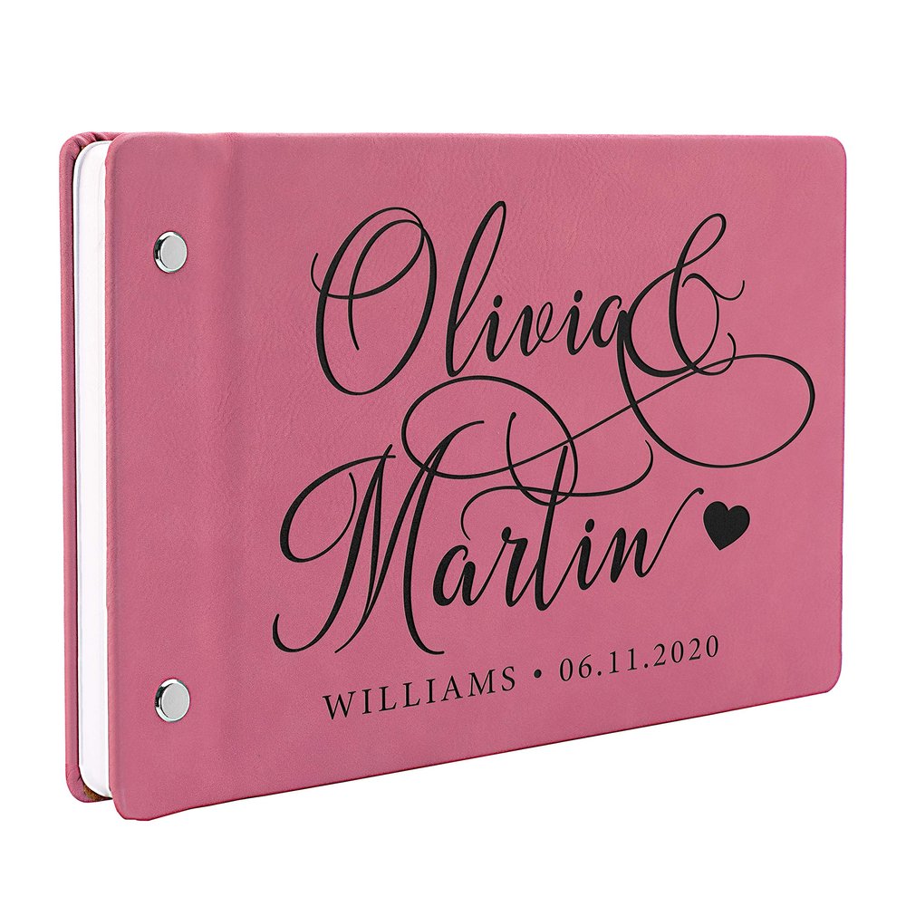 Wedding Guest Book, Personalized Leather Guest Book for Bride & Groom | Pink | Customized Signing, Registry Book for Visitors, Bridal Shower, Party - 60 Pages - D3