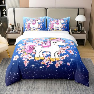 100% Organic Cotton Floral Unicorn Duvet Cover,Cute Unicorn Bedding Twin for Kids,Fantasy Glitter Horse Animal Comforter Cover,Girly Cherry Blossoms Sequins Starry Sky Bed Sets with 1 Pillow Sham