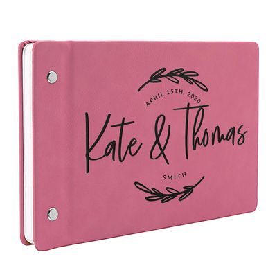 Wedding Guest Book, Personalized Leather Guest Book for Bride & Groom | Pink | Customized Signing, Registry Book for Visitors, Bridal Shower, Party - 60 Pages - D8