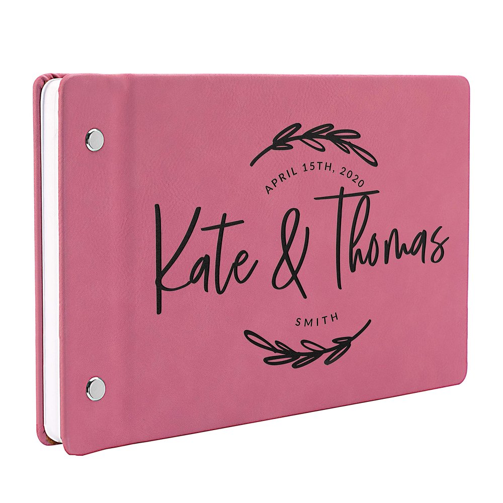 Wedding Guest Book, Personalized Leather Guest Book for Bride & Groom | Pink | Customized Signing, Registry Book for Visitors, Bridal Shower, Party - 60 Pages - D8