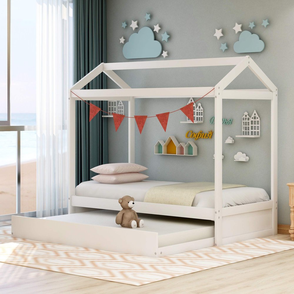 Twin Size House Bed with Trundle, Solid Pine Wood Bed Frame and Roof DesignDecorative beds for Boys and Girls. No Box Spring Need, Easy to Assemble.