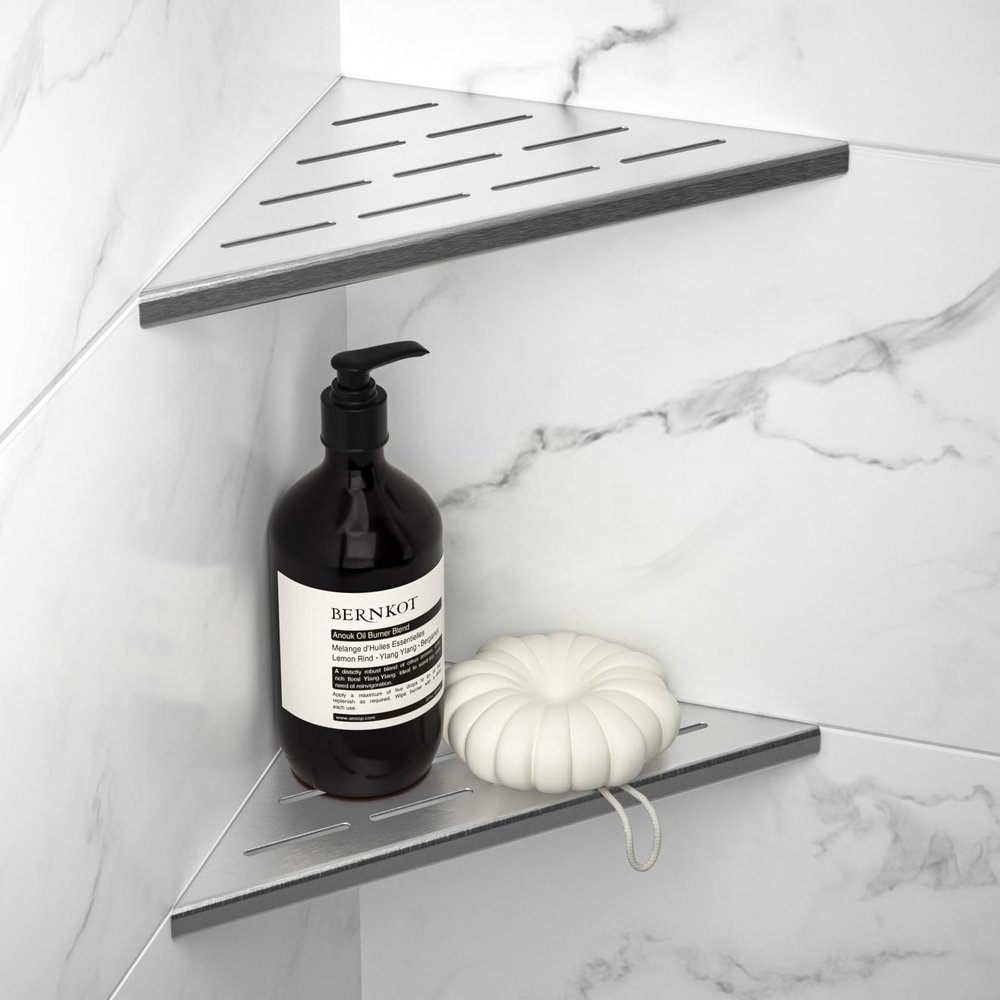 Bernkot 8'' Corner Shower Shelf 2PCS, 304 Stainless Steel Recessed Bathroom Shelves for Tiled Wall, Grout in Shelf (8'', Silver)