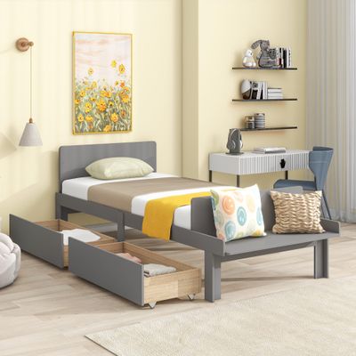 NCKMYB Kids Twin Bed Frame with Headboard and Foodboard, Wooden Platform Bed with Bench and 2 Drawers, Simple Bed for Boys Girls, Grey