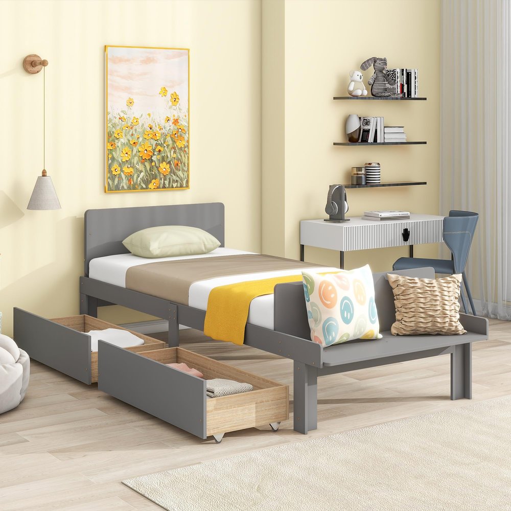 NCKMYB Kids Twin Bed Frame with Headboard and Foodboard, Wooden Platform Bed with Bench and 2 Drawers, Simple Bed for Boys Girls, Grey