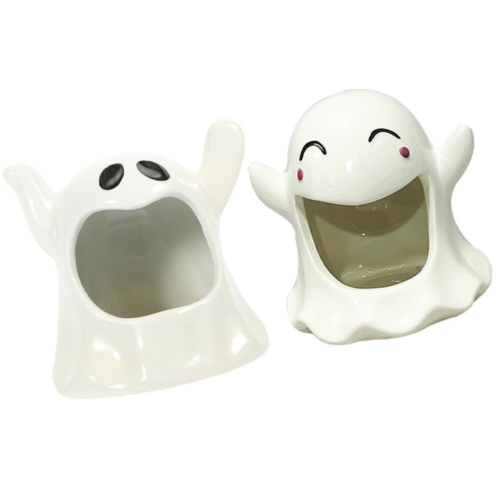 ABOOFAN Halloween Tealight Candle Holders Ghost Shape Votive Candle Holder 2pcs Ceramic Tealight Holders for Halloween Table Centerpieces Haunted House Decorations Props White