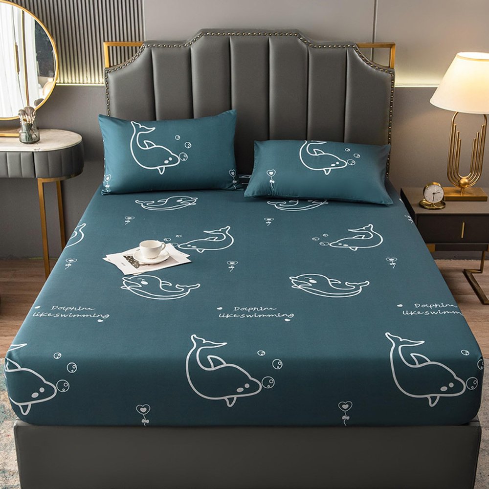 FCLDESHOP Fitted Bottom Sheet,Thick Brushed Washed Cotton Waterproof Fitted Sheet, Kids Bedroom Waterproof Urine Non-Slip Mattress Protector,Dolphin,180 * 200cm (1pcs)