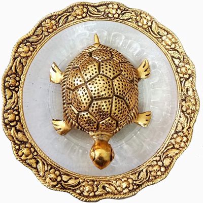 somi gift Vastu Feng Shui Tortoise/Kachua/Turtle with Plate for Goodluck and Career Showpiece for Home & Office Table (Metal Feng Shui Glass Plate Gold)