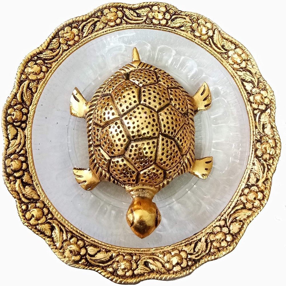 somi gift Vastu Feng Shui Tortoise/Kachua/Turtle with Plate for Goodluck and Career Showpiece for Home & Office Table (Metal Feng Shui Glass Plate Gold)