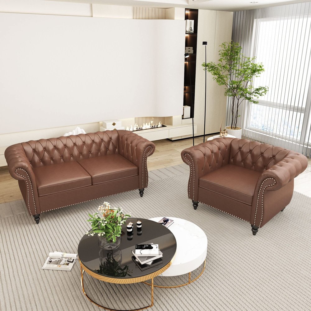 AVZEAR 2-Piece Living Room Sectional Sofa Set, Upholstered Sofa Modern Sofa Couches Set Style Button Tufted, PU Chesterfield Sofa for Living Room Apartment, 1+2 Seat PU Brown