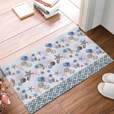 Coastal Door Mat, Non Slip Bathroom Rugs, Summer Beach Ocean Nautical Shells Starfish Coral Absorbent Floor Mats, Washable Runner Rug Indoor Doormat for Front Door Entrance, Patio, Garage 18"x30"