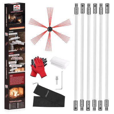 Cleancraft 20 Feet Chimney Sweep Kit, Chimney Cleaning Kit with 6 Flexible White Chimney Rods, Rotary Chimney Cleaning System Driven by Drill for Sweeping Fireplace, Chimney Cleaners with Strong Brush