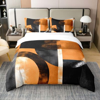 jejeloiu Orange Black White Cotton Duvet Cover Set for Girls Boys Kids King Size Geometric Comforter Cover Setative Glitter Bedding Set Luxury Abstract (No Glitter)