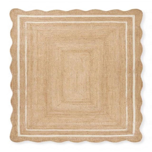 The Weaver House Natural Jute Scalloped Bohemian Decor Handwoven Custom Decorative Rug (BD1) - 10x14 ft - White
