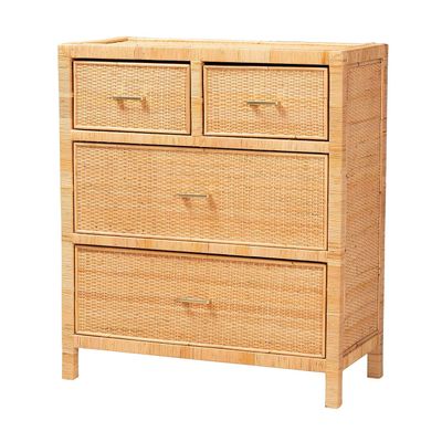 Baxton Studio Vaere Natural Brown Rattan and Mahogany Wood Storage Cabinet