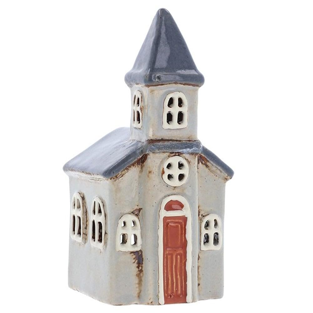 Shudehill Giftware Village Pottery Small Church Tealight Holder - Light Grey/Dark Grey 330990