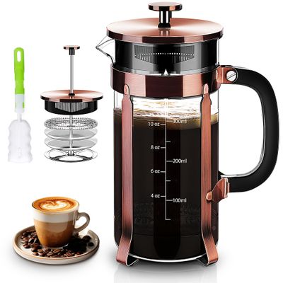 YMMIND French Press Coffee Maker 304 Stainless Steel Coffee Press,with 4 Filters System, Heat Resistant Thickness Borosilicate French Press Glass, BPA-Free Brewed Tea Pot Coffee Plunger(Copper 12oz)